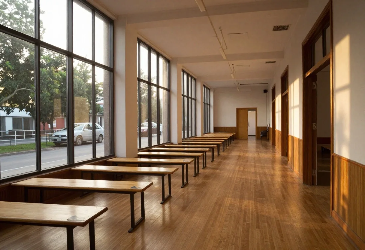 Aula con mesas de madera y materiales de inglés a la luz de la tarde