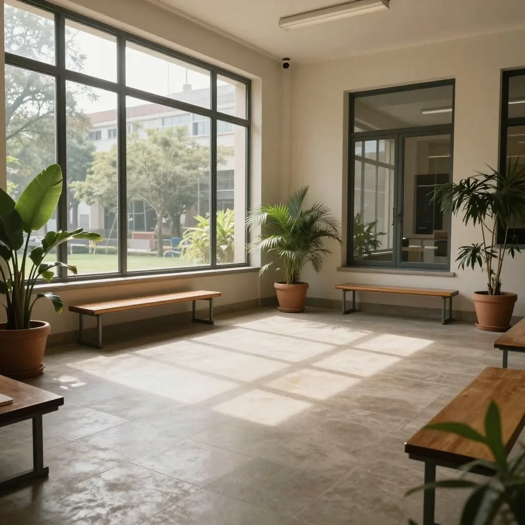 Patio y ventanal de escuela en Buenos Aires con luz suave
