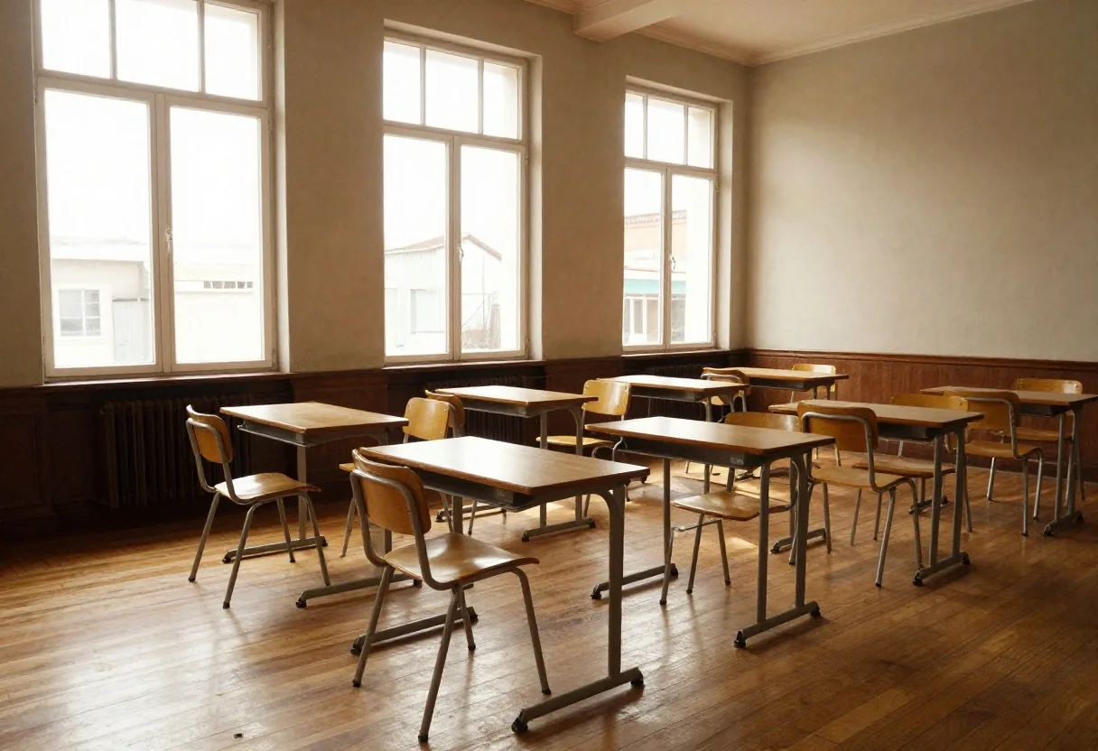 Aula luminosa de la academia en Buenos Aires con mesas de estudio