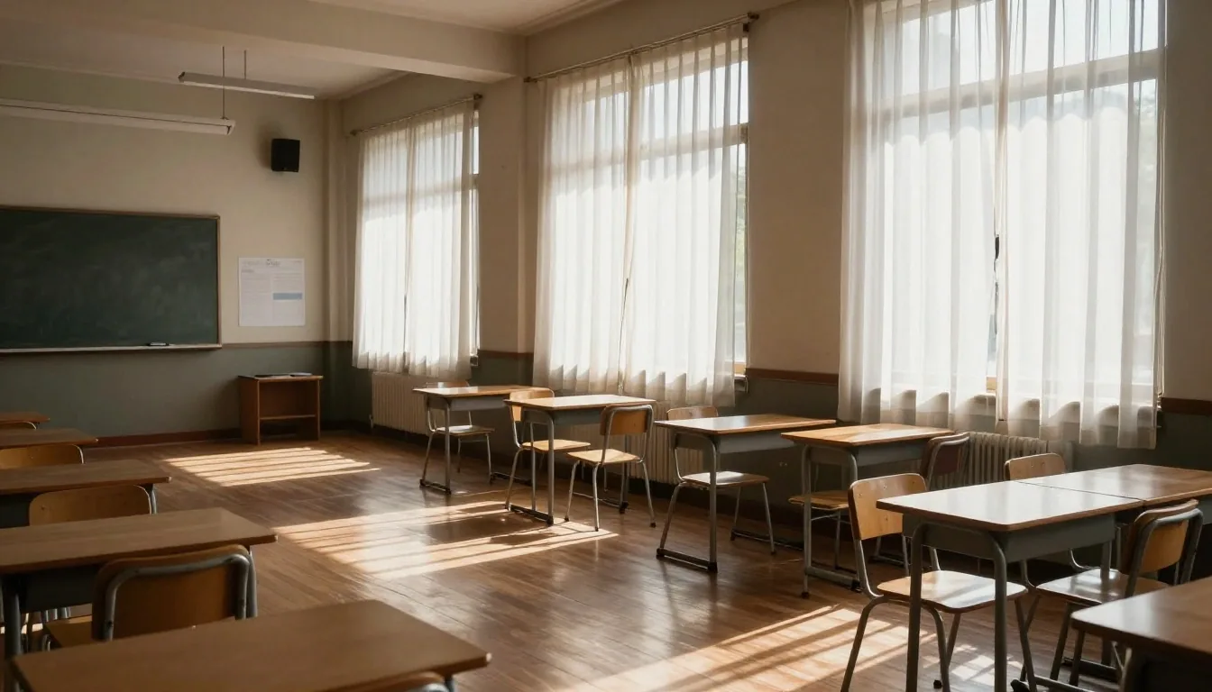 Aula vacía en Buenos Aires con luz de tarde antes de la clase