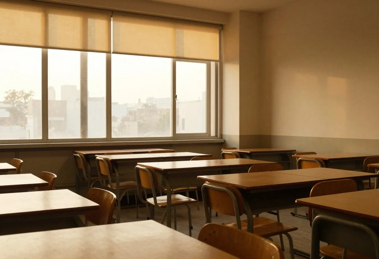Aula de inglés por la tarde con estudiantes tomando apuntes