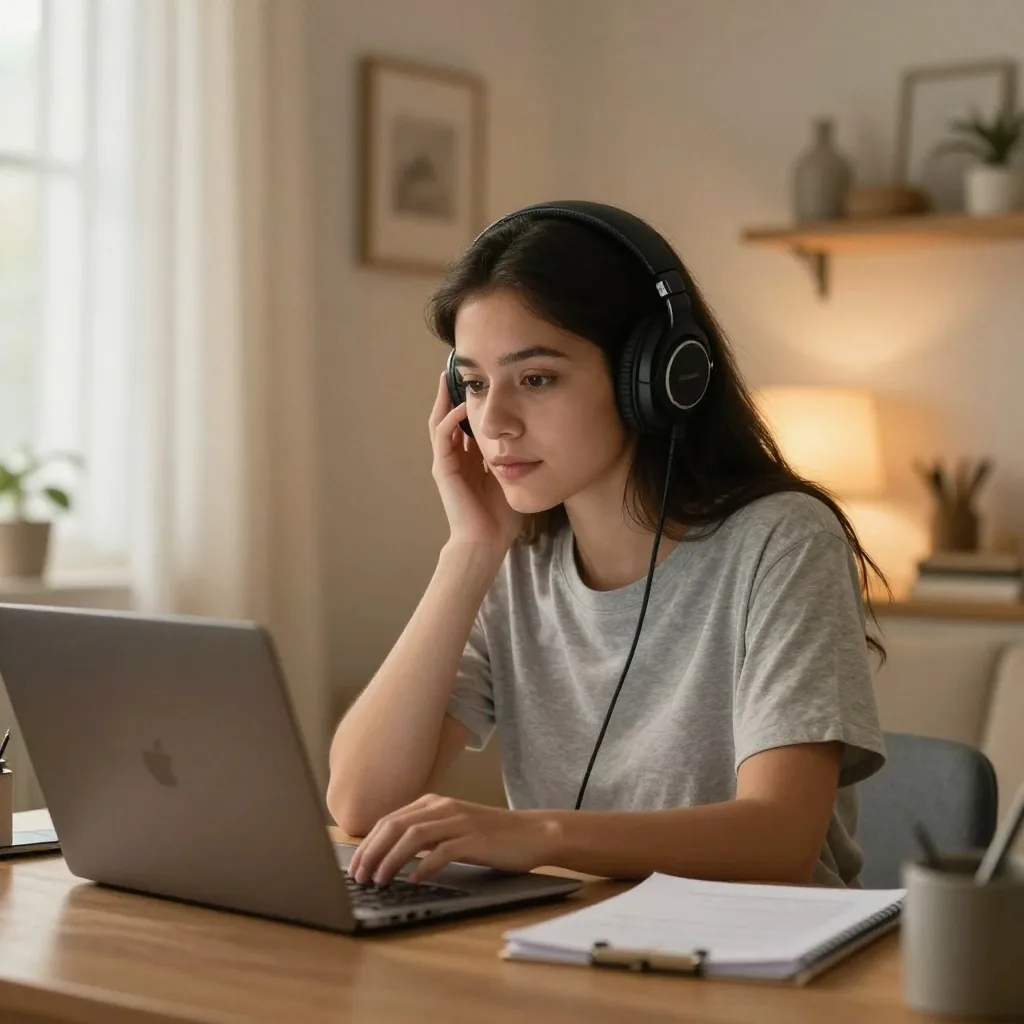 Estudiante con auriculares en clase online en vivo desde su casa