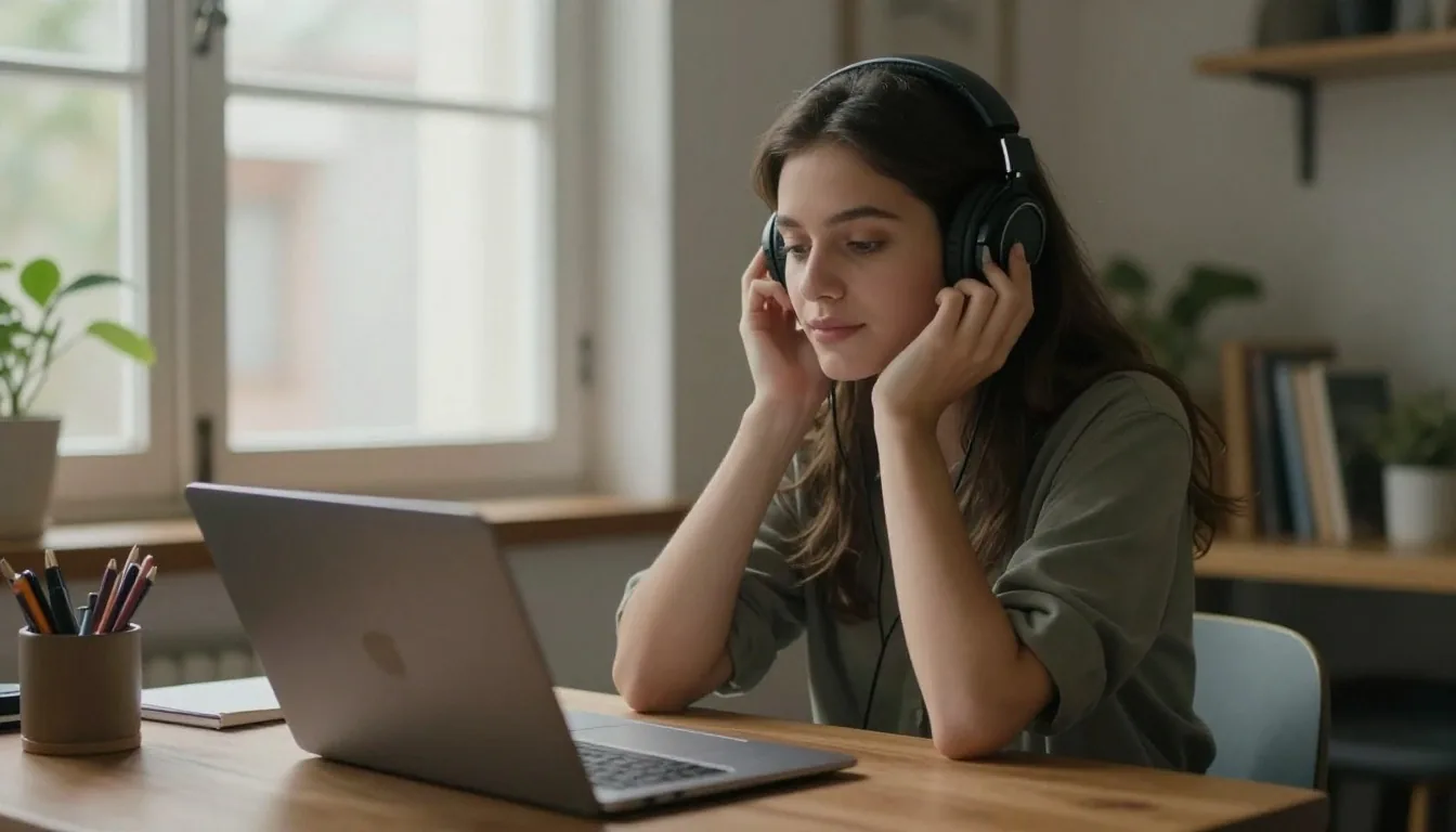 Estudiante cursando inglés online en vivo desde su casa