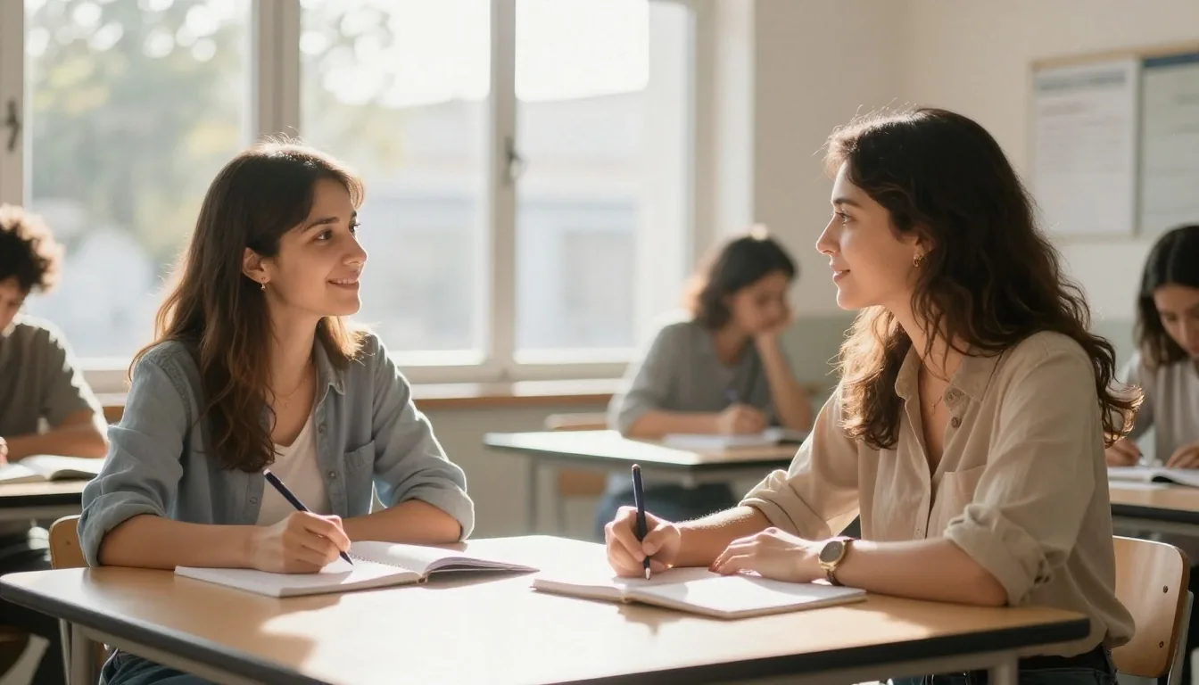 Grupo reducido de adultos conversando en inglés en clase