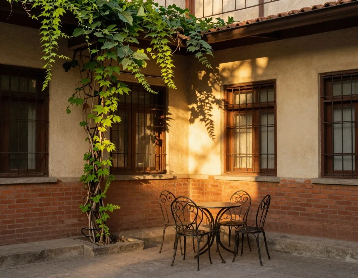 Patio tranquilo de la sede al atardecer