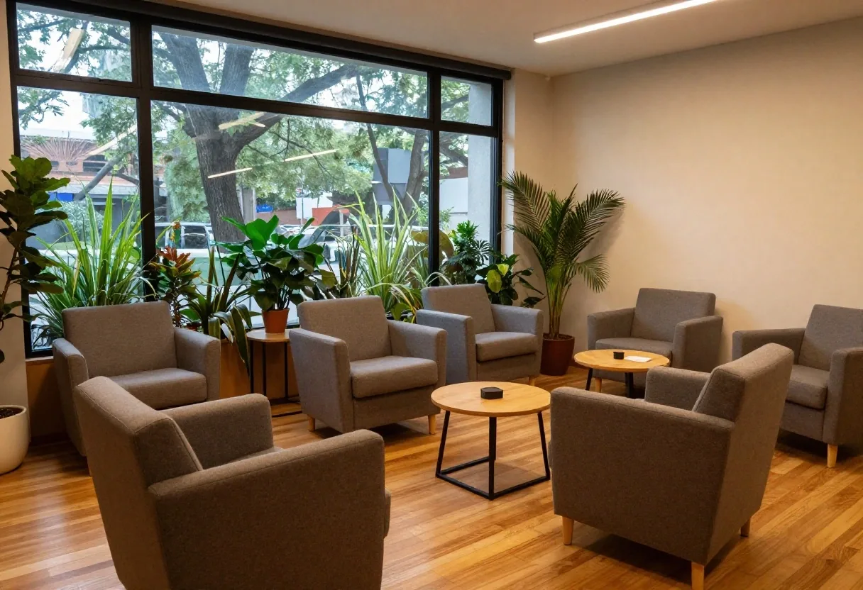 Aula de inglés en Buenos Aires con luz de tarde sobre los pupitres