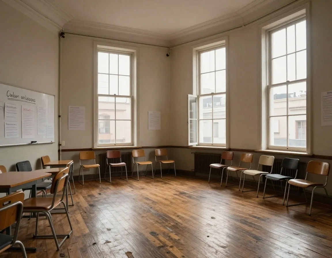 Rincón de aula en Buenos Aires con cuadernos apilados junto a una ventana