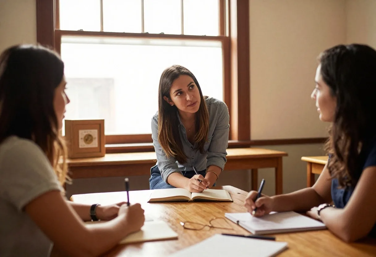 Docente corrigiendo junto a estudiantes adultos en mesa de trabajo