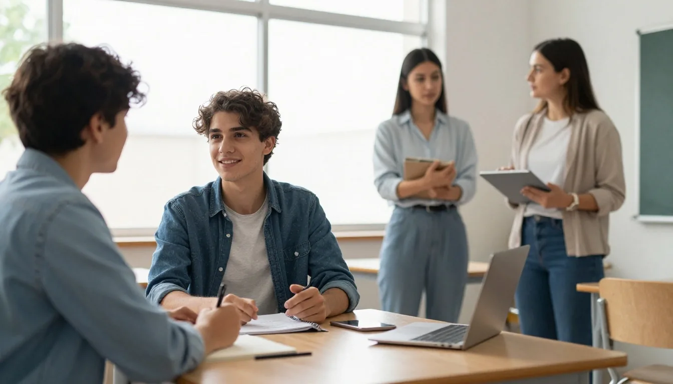 Estudiantes practicando conversación en parejas mientras la docente toma notas