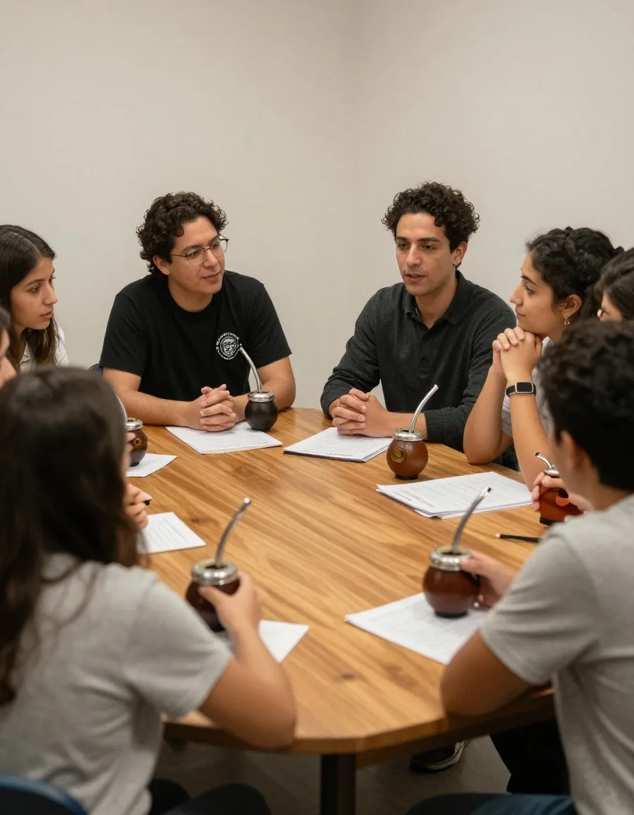 Grupo chico conversando con su docente alrededor de una mesa