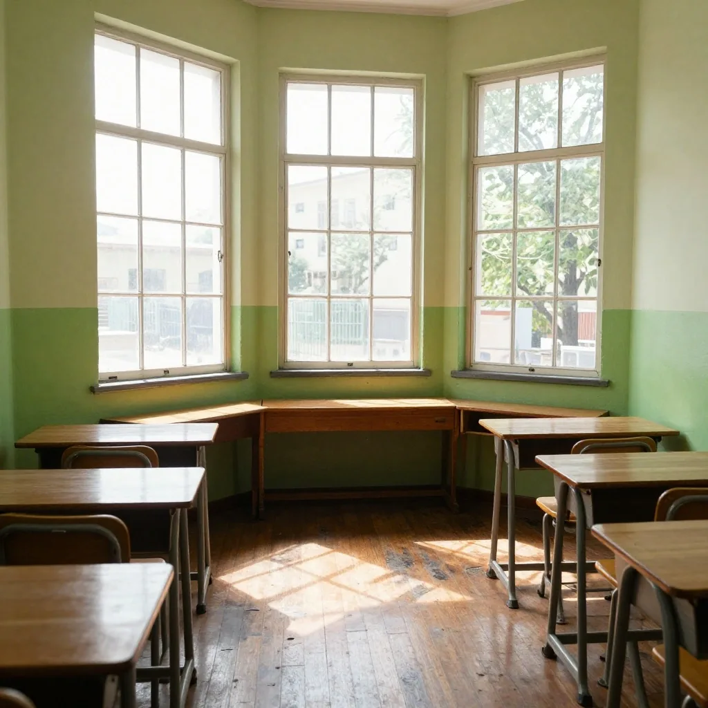 Rincón de aula con luz de tarde y materiales ordenados
